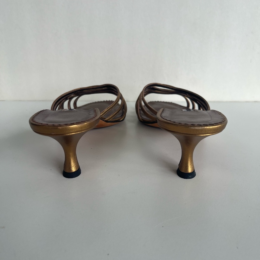 Manolo Blahnik Metallic Gold Strappy Slide Heels - Picture 4 of 6